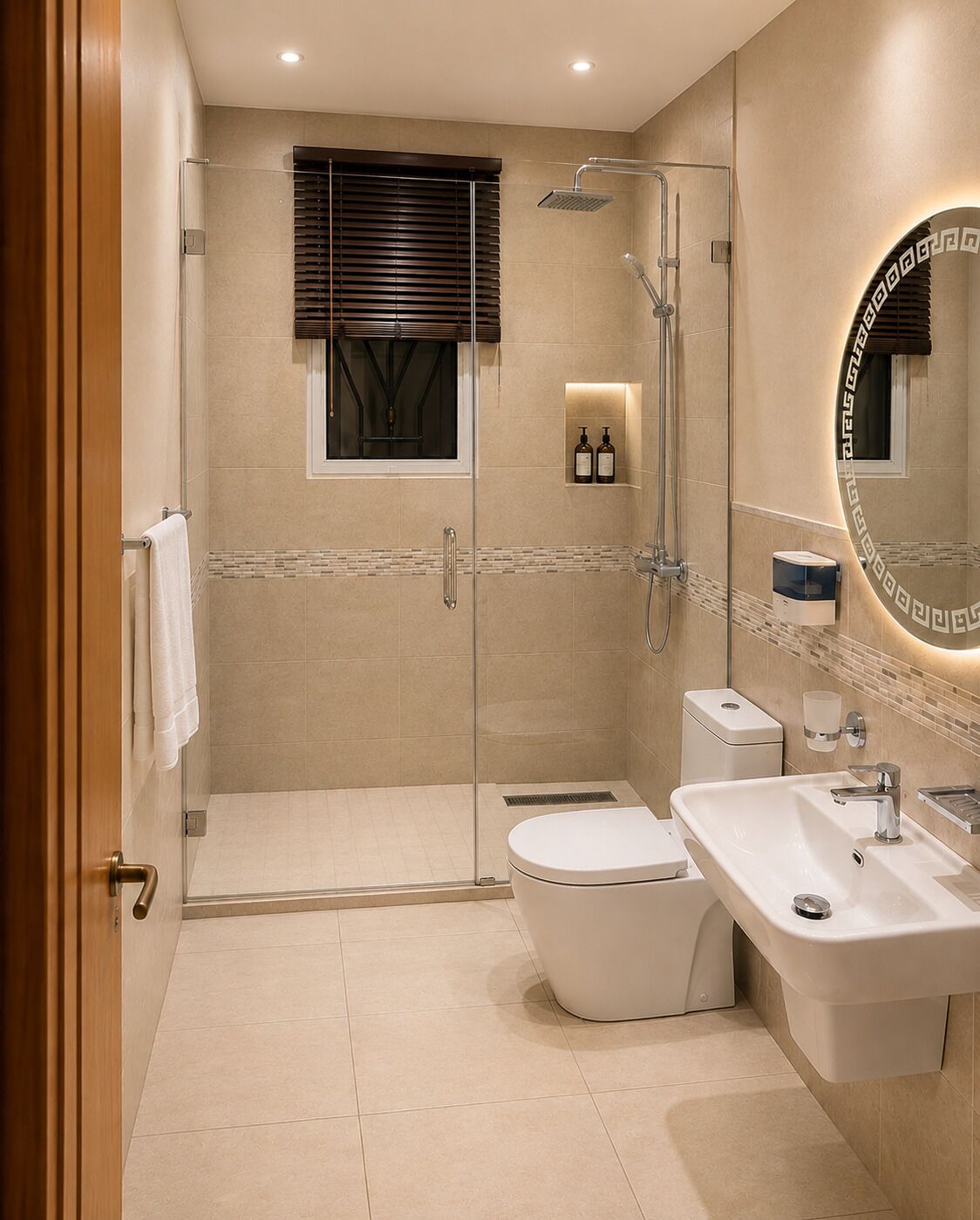 A modern bathroom with a glass-enclosed shower, a toilet, and a sink.