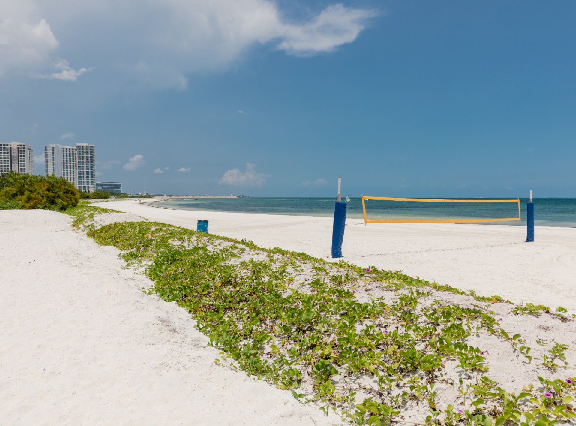 Ein Beachvolleyballfeld mit Netz, umgeben von Sand und vereinzelter Vegetation.