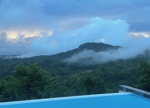 A view of a lush green landscape with a body of water in the foreground and a hill in the background. - Your tropical retreat overlooking Corcovado, featuring a private pool and lush natural surroundings. (Puerto Cortes)