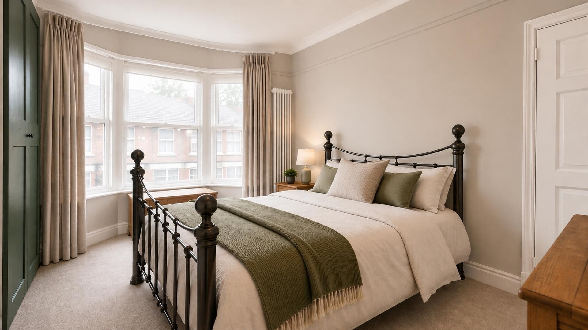 A bedroom with a bed, a nightstand, a lamp, and a window with curtains.