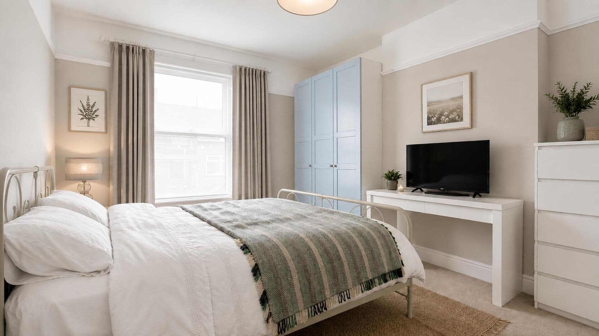 A bedroom with a bed, a TV, a desk, and a wardrobe.