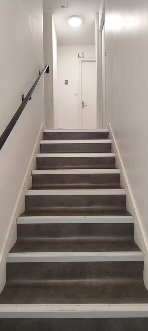 Eine Treppe mit Handlauf, die zu einer Tür mit Lichtschalter darüber führt.
