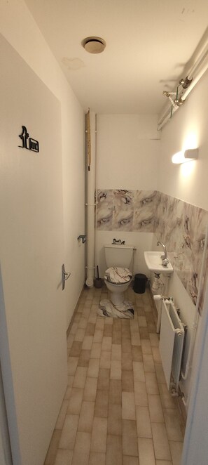 A compact bathroom with a toilet, sink, and shower. - Spacious House in the Peaceful Countryside (Val-Sonnette)
