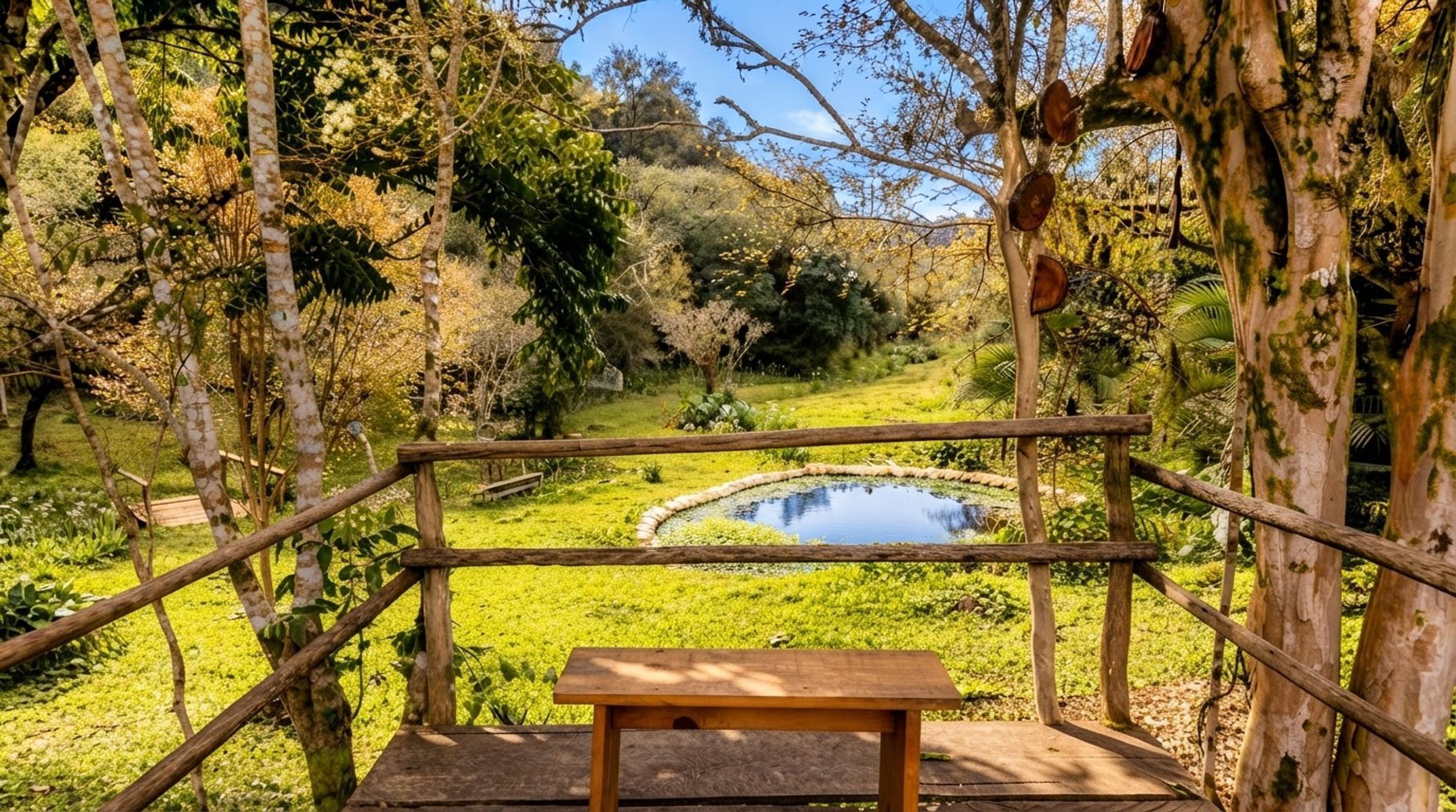 A wooden bench with a view of a pond surrounded by trees.