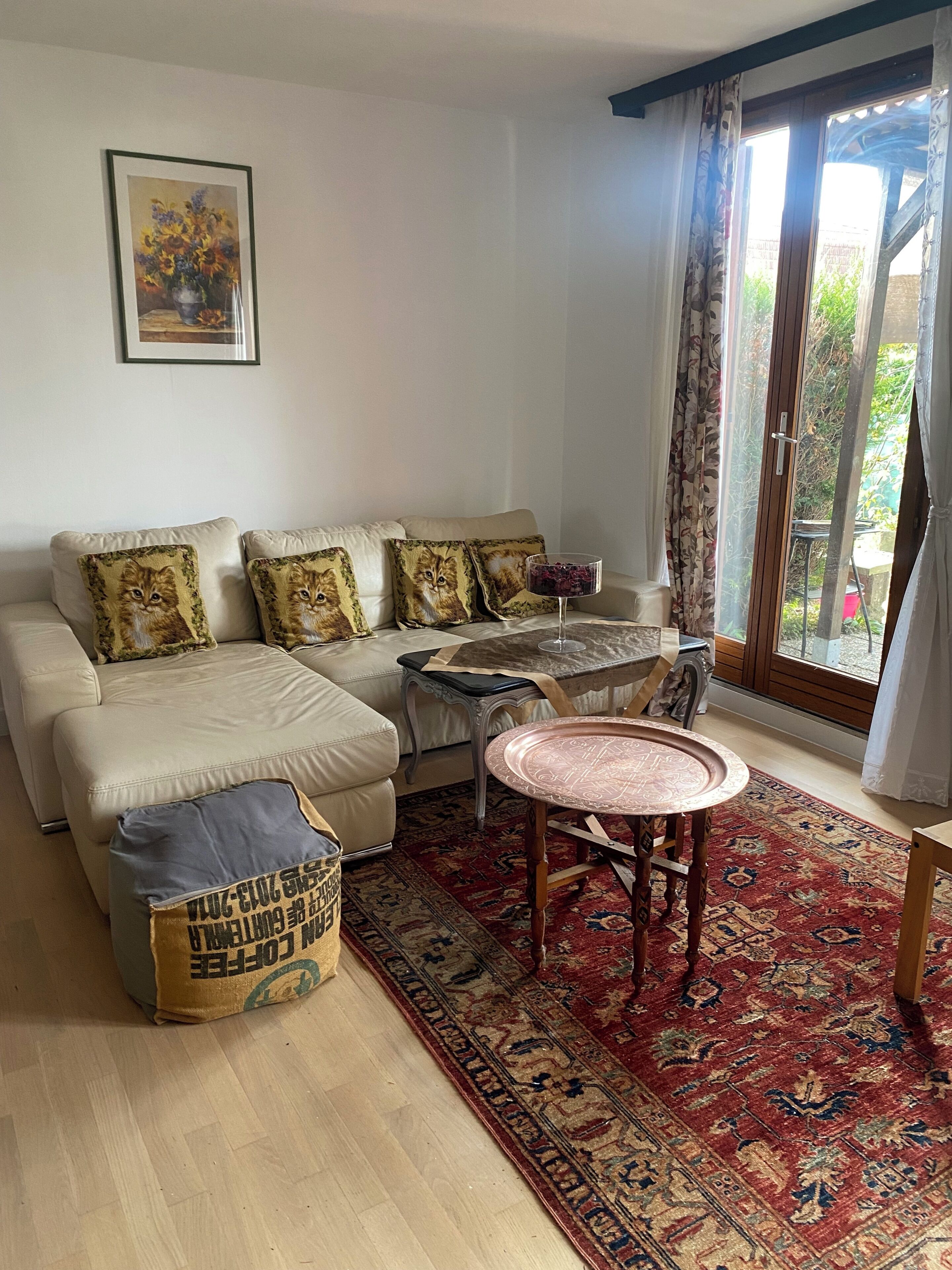 A living room with a sofa, a coffee table, and a patterned rug.