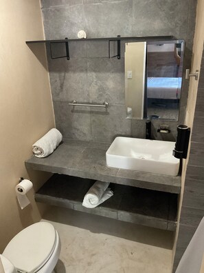 Une salle de bain comprenant des toilettes, un lavabo, un porte-serviettes et un miroir.