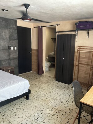 Une chambre d’hôtel avec un lit, un bureau, une armoire et une salle de bain.