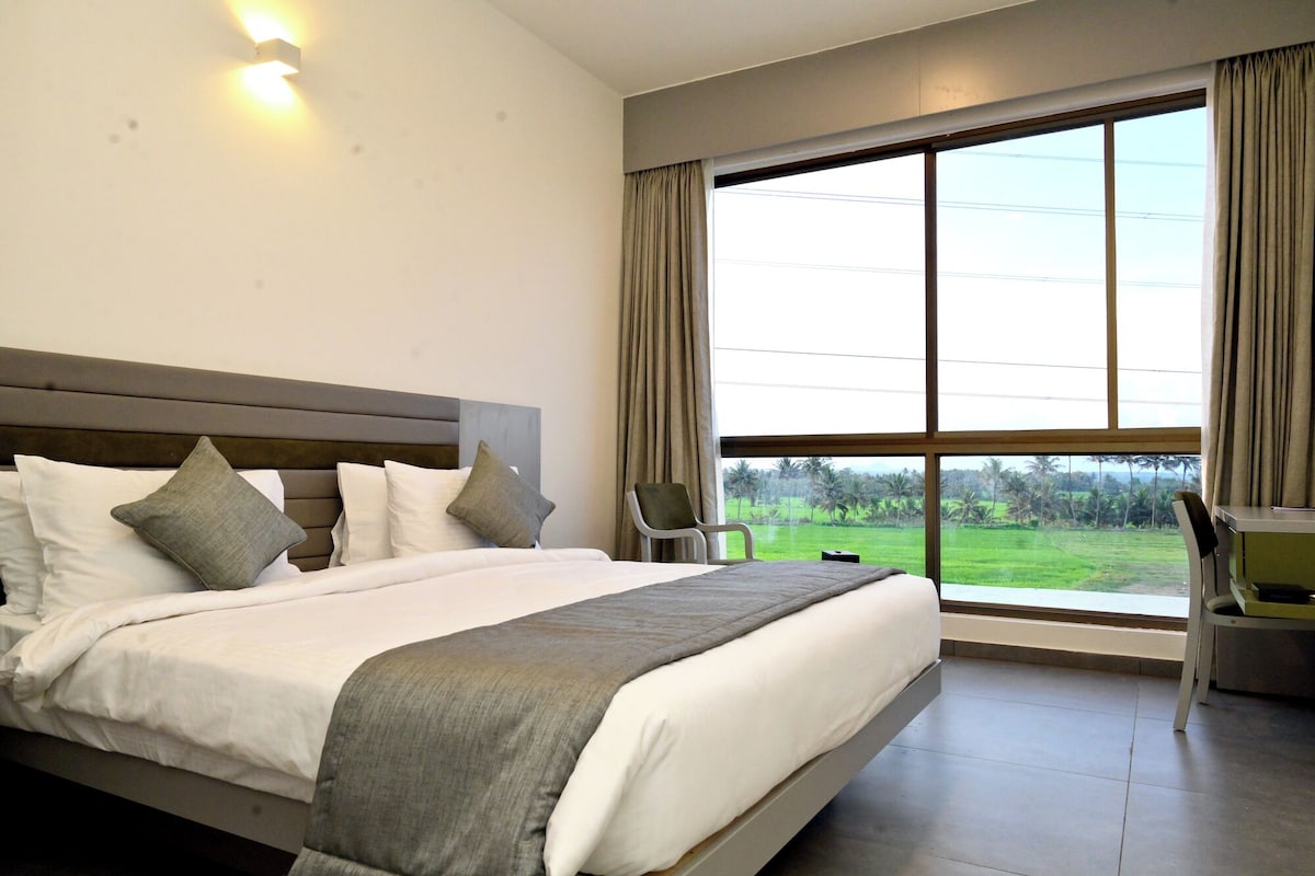 A hotel room with a large bed, a chair, a desk, and a window with a view of a green landscape.