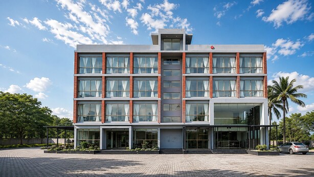 Et moderne hotel med flere etager, røde murstensfacade, store vinduer og et overdækket indgangsparti.