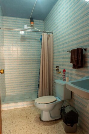 Ein Badezimmer mit Dusche, Toilette, Waschbecken und Handtuchhalter.
