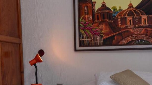 Una cama con una colcha blanca estampada, un almohadón marrón y una toalla morada. Un cuadro enmarcado de un edificio está en la pared.