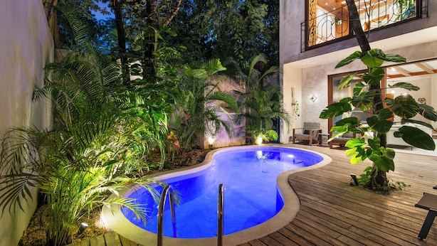 Una piscina envoltada de plantes tropicals i un pont de fusta.