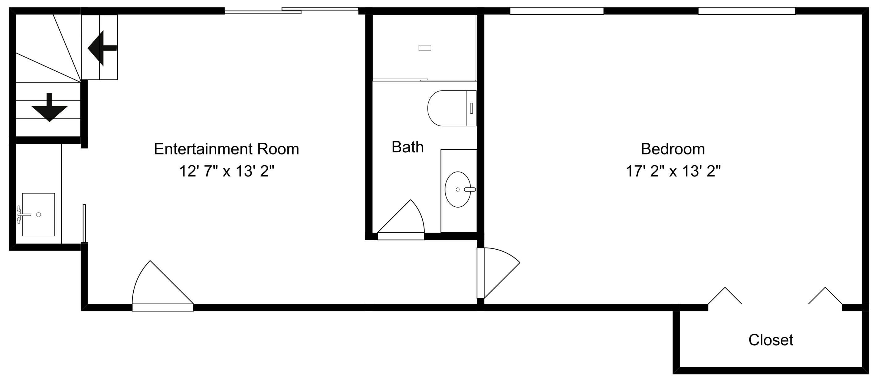 A floor plan with an Entertainment Room, Bath, Bedroom, and Closet.