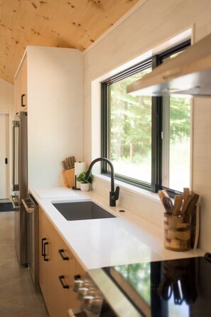 A modern kitchen with a large window, stainless steel appliances, and a wooden ceiling. - Casa Vetta | Modern Cabin with Fire Pit Near Davis (Davis)