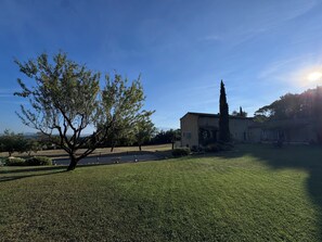 A well-maintained grassy lawn with a large tree and a building with a tiled roof.