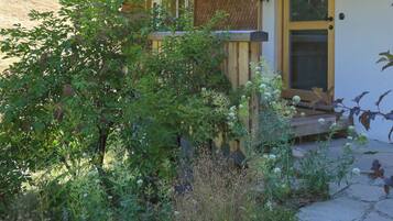 Una casa con tetto spiovente, veranda e un giardino con diverse piante e fiori.