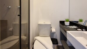Ein modernes Badezimmer mit Duschkabine aus Glas, Toilette, Waschbecken mit schwarzer Ablagefläche und einer kleinen Topfpflanze.