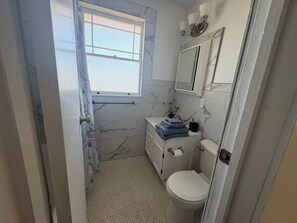 A bathroom with a toilet, sink, and shower area. - Renovated Apartment Downtown HS (Hot Springs)
