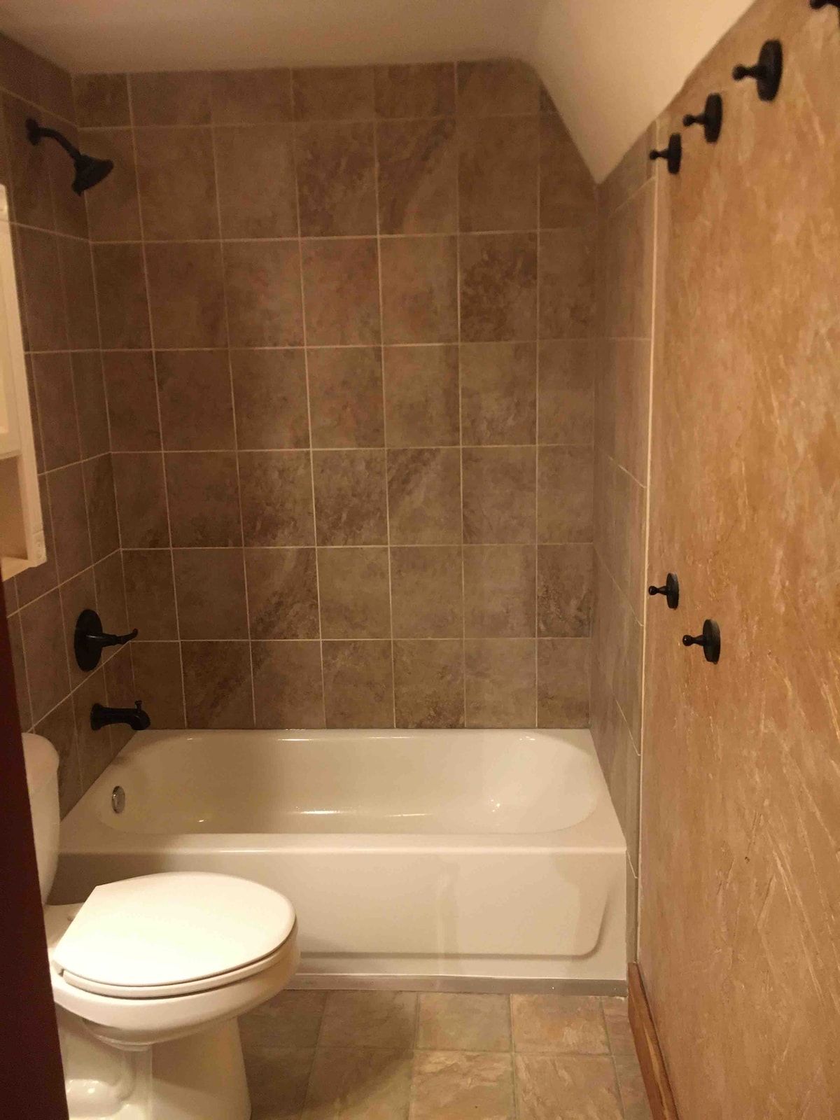 Shower, hair dryer, shampoo