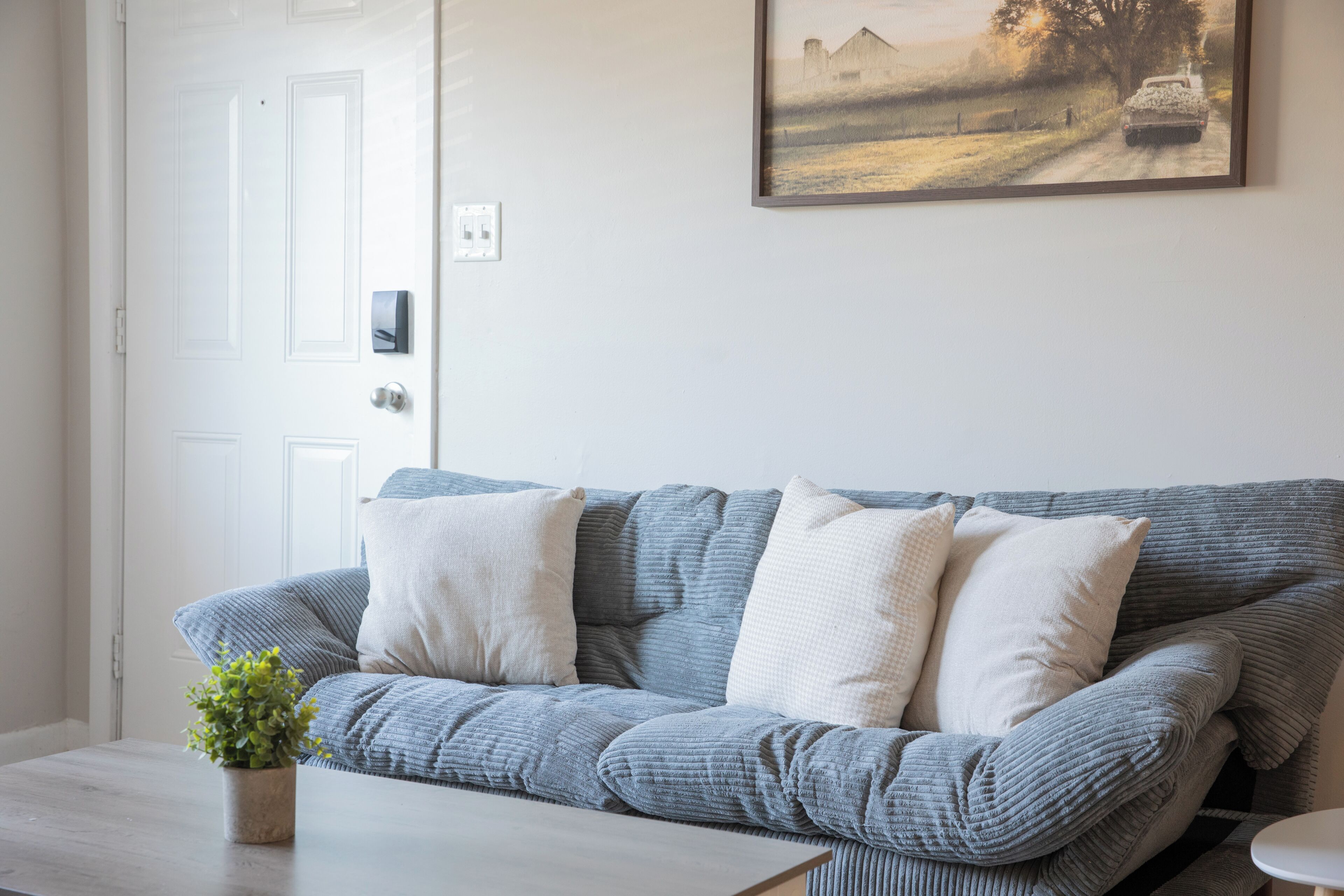 Un salon avec un canapé gris, une petite table et une plante en pot.