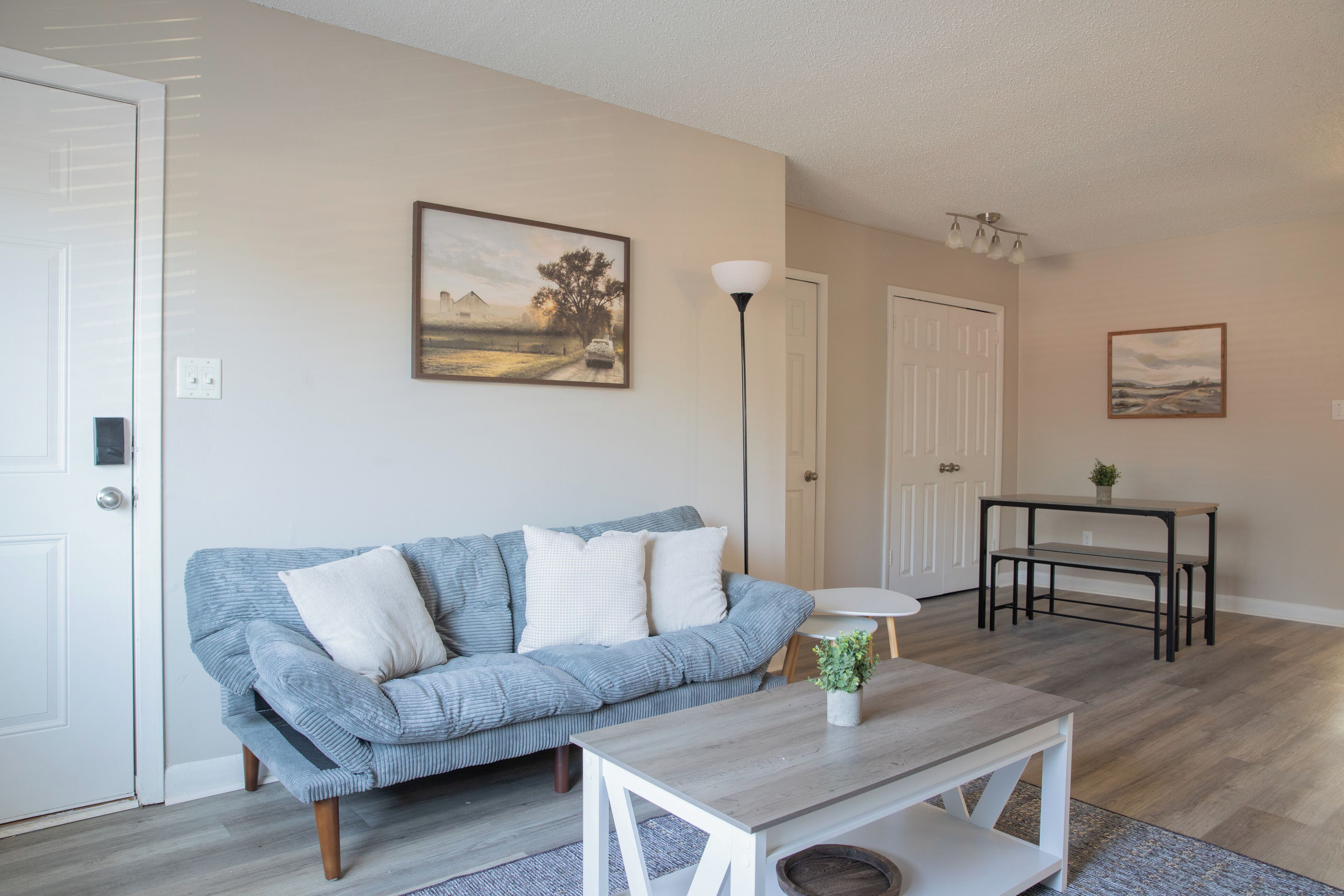 Un salon avec un canapé, une table basse, une lampe et deux portes.