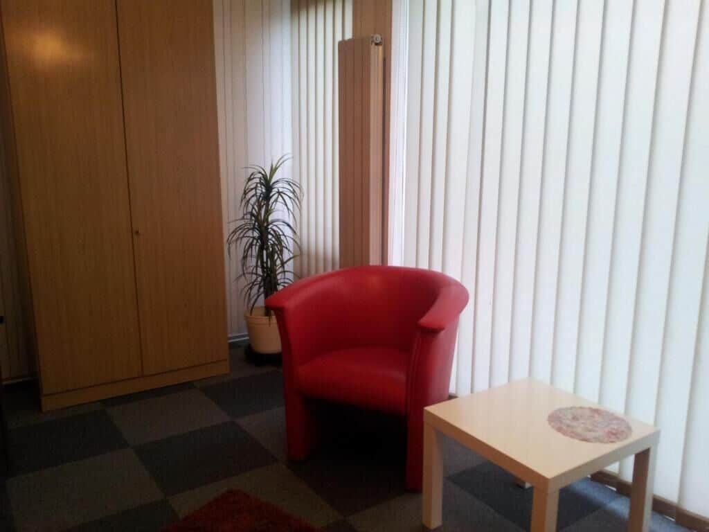 Una habitació amb una cadira vermella, una taula petita, una planta en test i un armari de fusta.