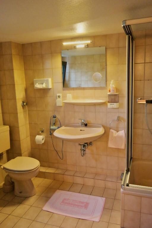 Ein Badezimmer mit Toilette, Waschbecken und Dusche.