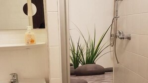 A bathroom with a white sink, a mirror, a shower with a handheld showerhead, and a plant. - Hotel am Hallenbad (Ratingen)