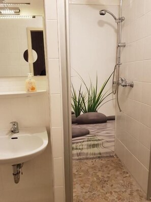 A bathroom with a white sink, a mirror, a shower with a handheld showerhead, and a plant. - Hotel am Hallenbad (Ratingen)