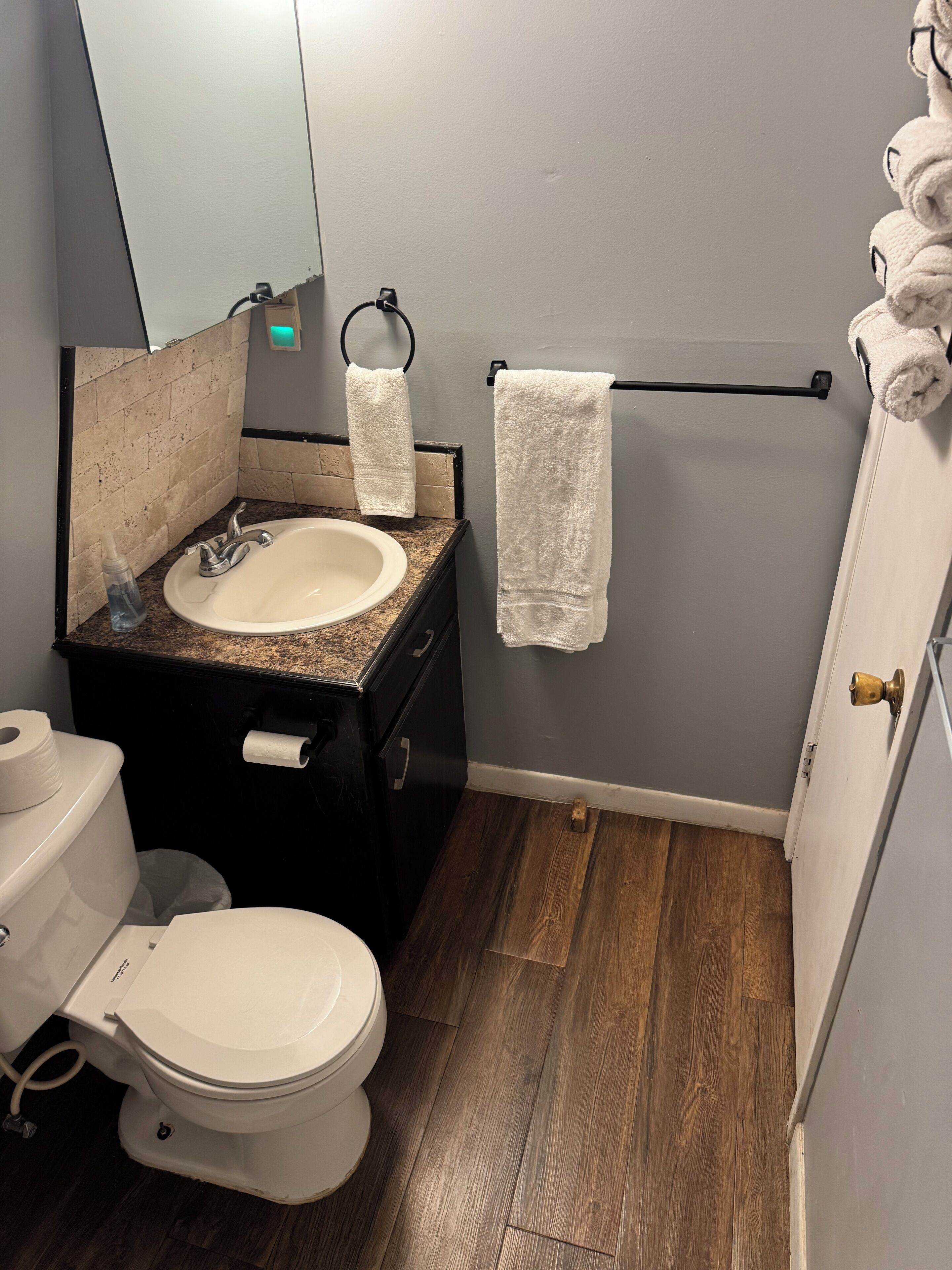 A bathroom with a sink, toilet, and towel rack.