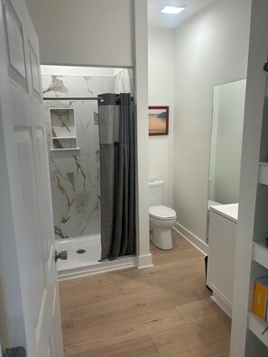 Une salle de bain avec une douche, des toilettes et un miroir.
