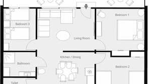 A floor plan with a living room, kitchen, dining area, three bedrooms, a bathroom, and a courtyard.