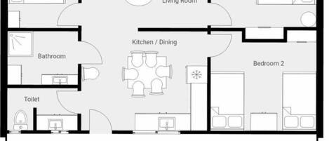 A floor plan with a living room, kitchen, dining area, three bedrooms, a bathroom, and a courtyard.