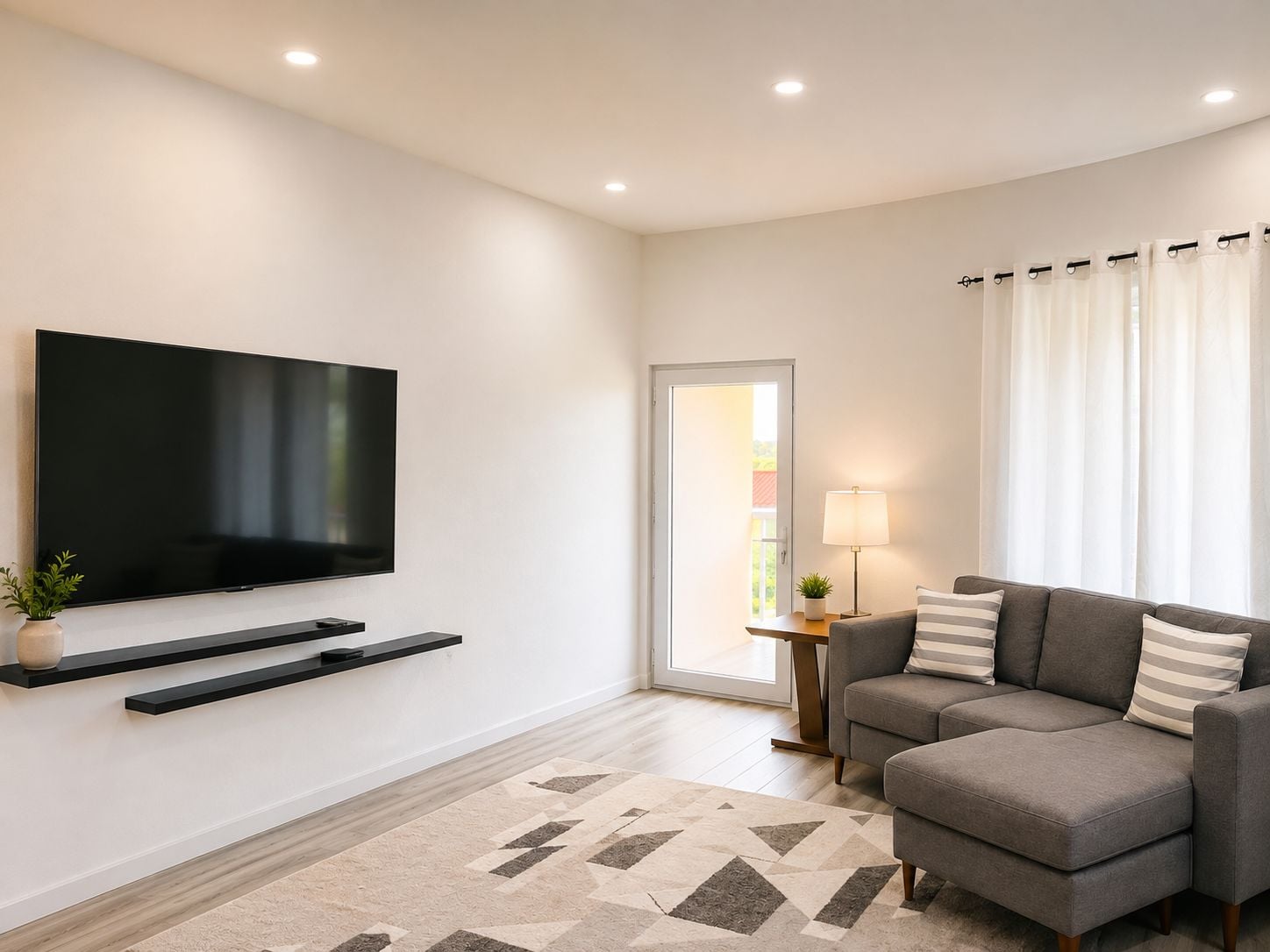 Un salon moderne avec un téléviseur à écran plat, un canapé gris, un tapis à motifs et une petite table d’appoint avec une lampe.
