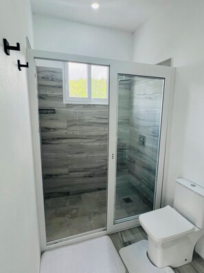 Ein Badezimmer mit Duschkabine, Toilette und Fenster.