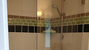 A glass-enclosed shower with a handheld showerhead, a toilet, and a tiled floor with a pebble pattern. - Beach house in quaint Half Moon Bay with unimpeded view and beach access (Half Moon Bay)