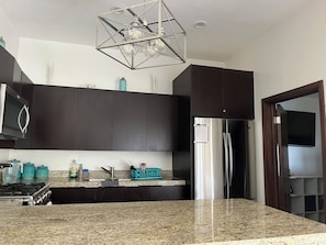A modern kitchen with dark cabinetry, a stainless steel refrigerator, a granite countertop, and a geometric pendant light. - Vrbo Property (Rosarito)
