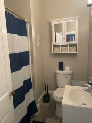 Een badkamer met een gestreept douchegordijn, een toilet, een wastafel en een spiegel met decoratieve lijst.