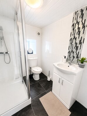 A modern bathroom with a glass shower enclosure, a toilet, a sink with a mirror, and a decorative wall panel. - 4-Bed | New Cross to Central London in 20 Mins (London)