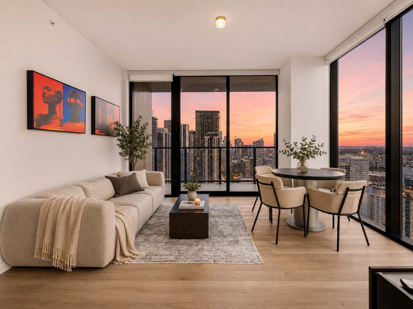 A modern living room with a sofa, coffee table, and chairs, a city view through large windows, and artwork on the wall.