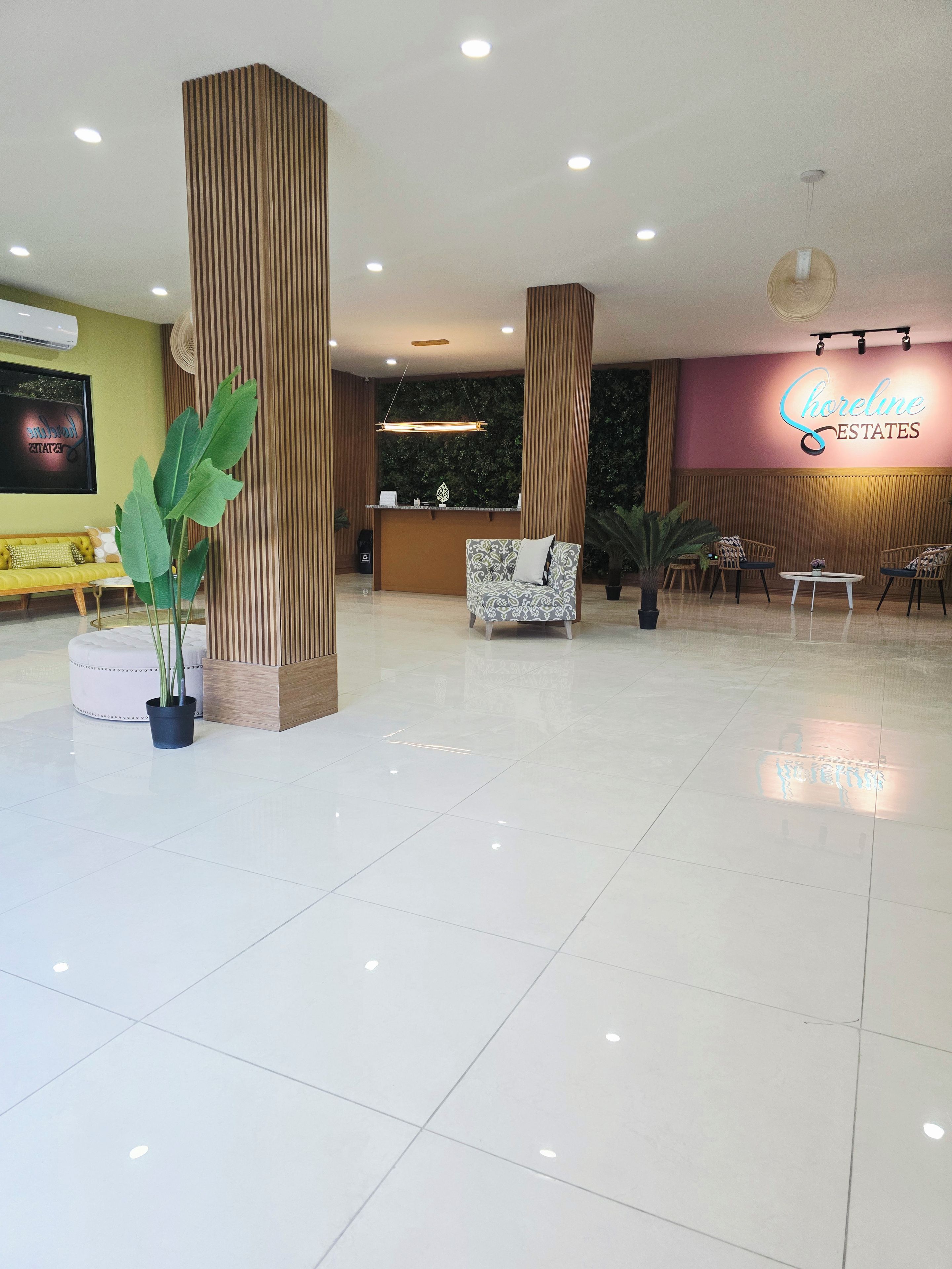 A reception area with a reception desk, seating arrangements, and a large potted plant.