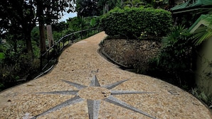 Un camí pavimentat amb un disseny de brúixola, envoltat de vegetació exuberant i una paret de pedra.