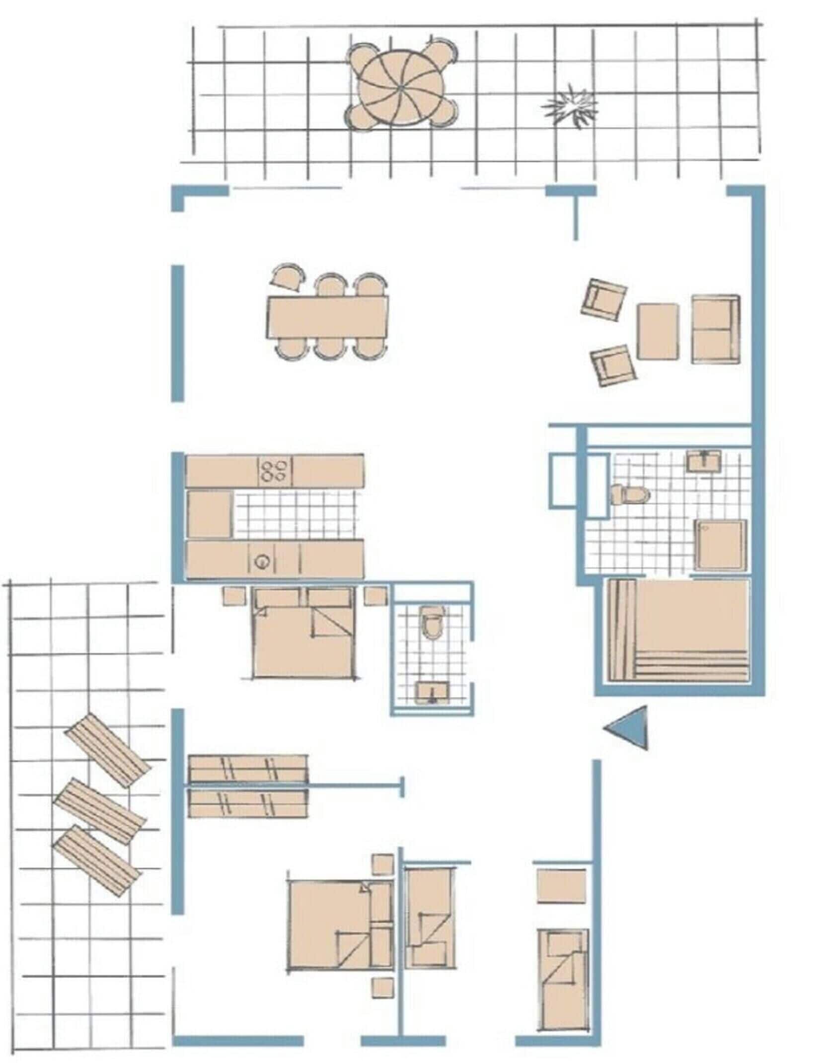 Pianta degli interni che mostra una sala da pranzo, una cucina, un bagno e diverse camere da letto.