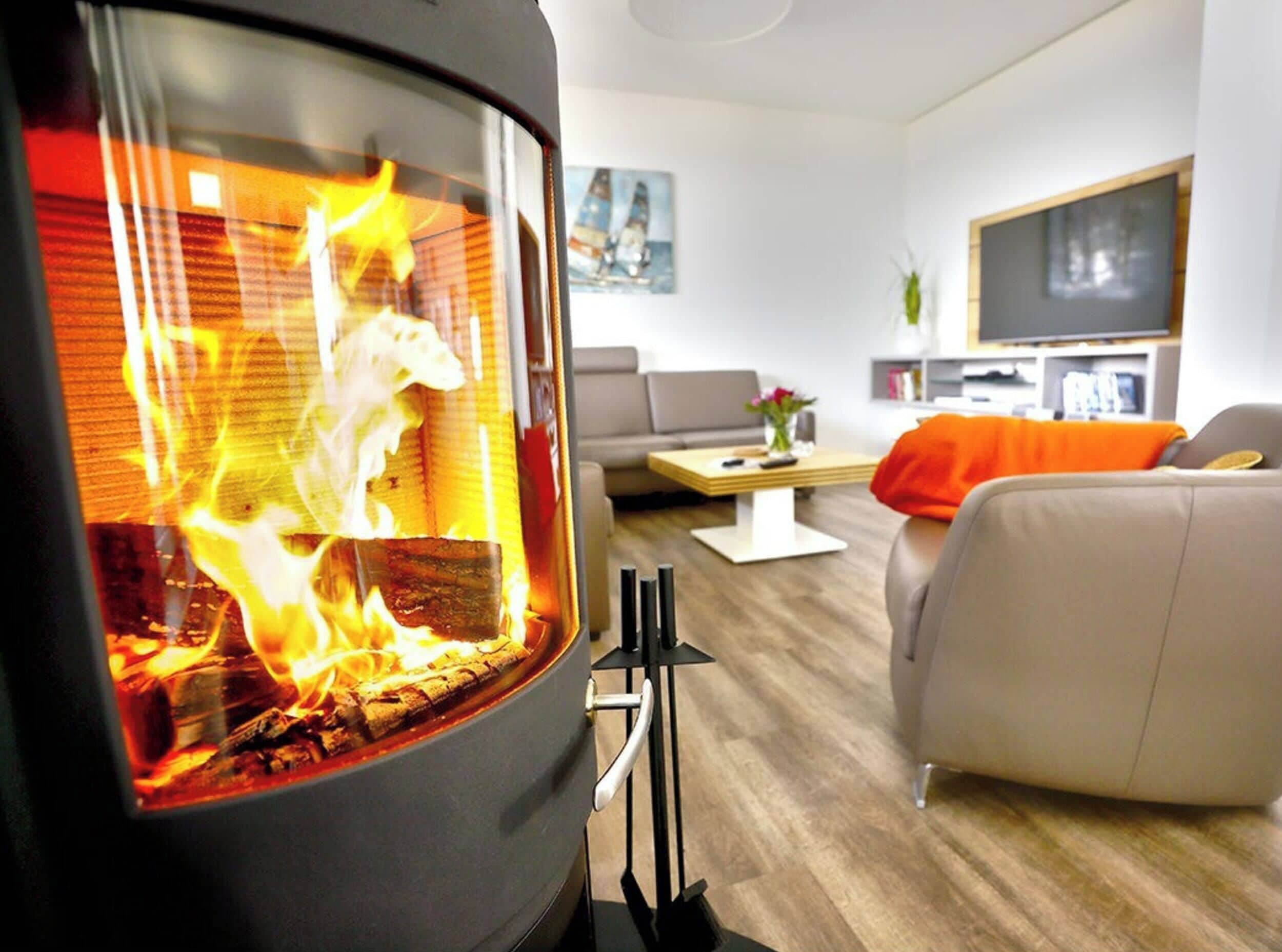 Un salon moderne avec une cheminée, un canapé, une table basse et un téléviseur à écran plat.