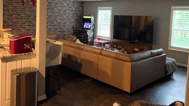 Una sala de estar con un sofá, un televisor y un perro acostado en el suelo.