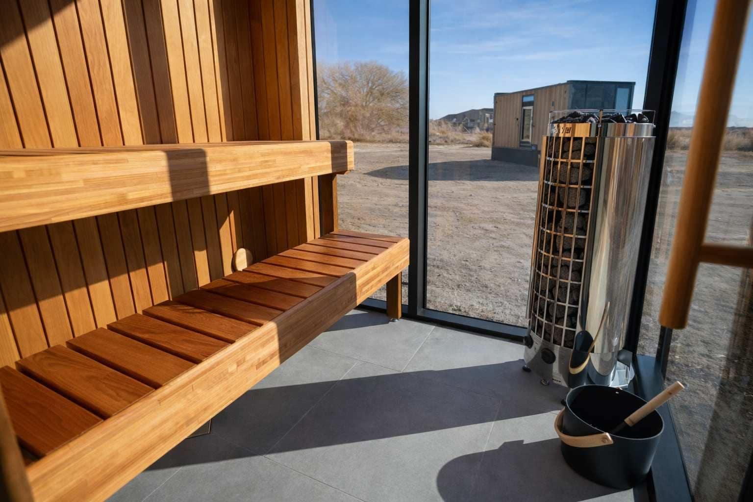 Uma sauna com bancos de madeira e porta de vidro, aquecedor de metal e vista para um edifício lá fora.