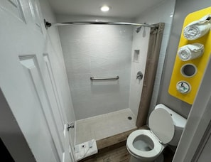 Une salle de bain avec douche, toilettes et porte-serviettes.