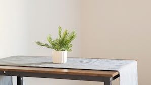 Quarto com uma mesa de madeira, um vaso de planta e duas fotos emolduradas na parede.