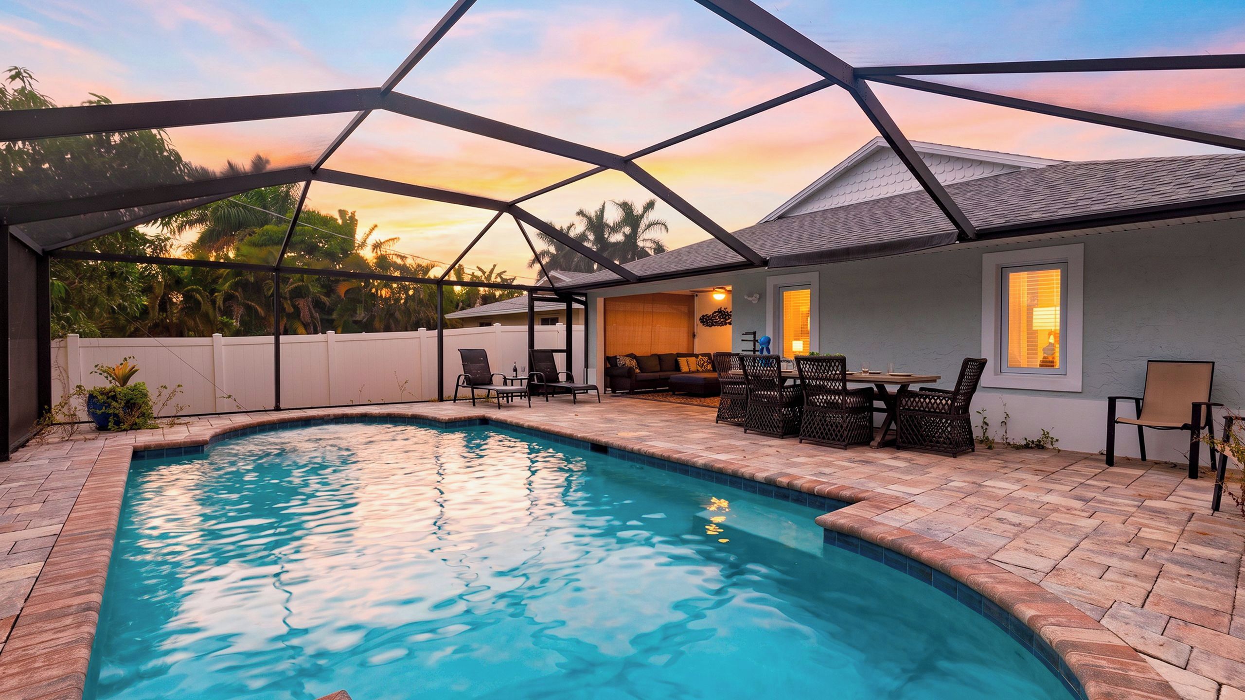 A swimming pool with a covered patio area, outdoor furniture, and a view of the sunset.