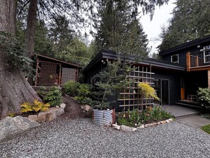 Ein modernes Haus mit einer Holterrasse, einem Garten mit verschiedenen Pflanzen und einem großen Baum.